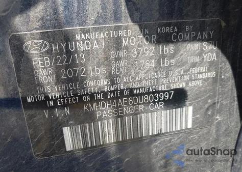 2013 Hyundai Elantra Gls из США, поврежденный, VIN KMHDH4AE6DU803997